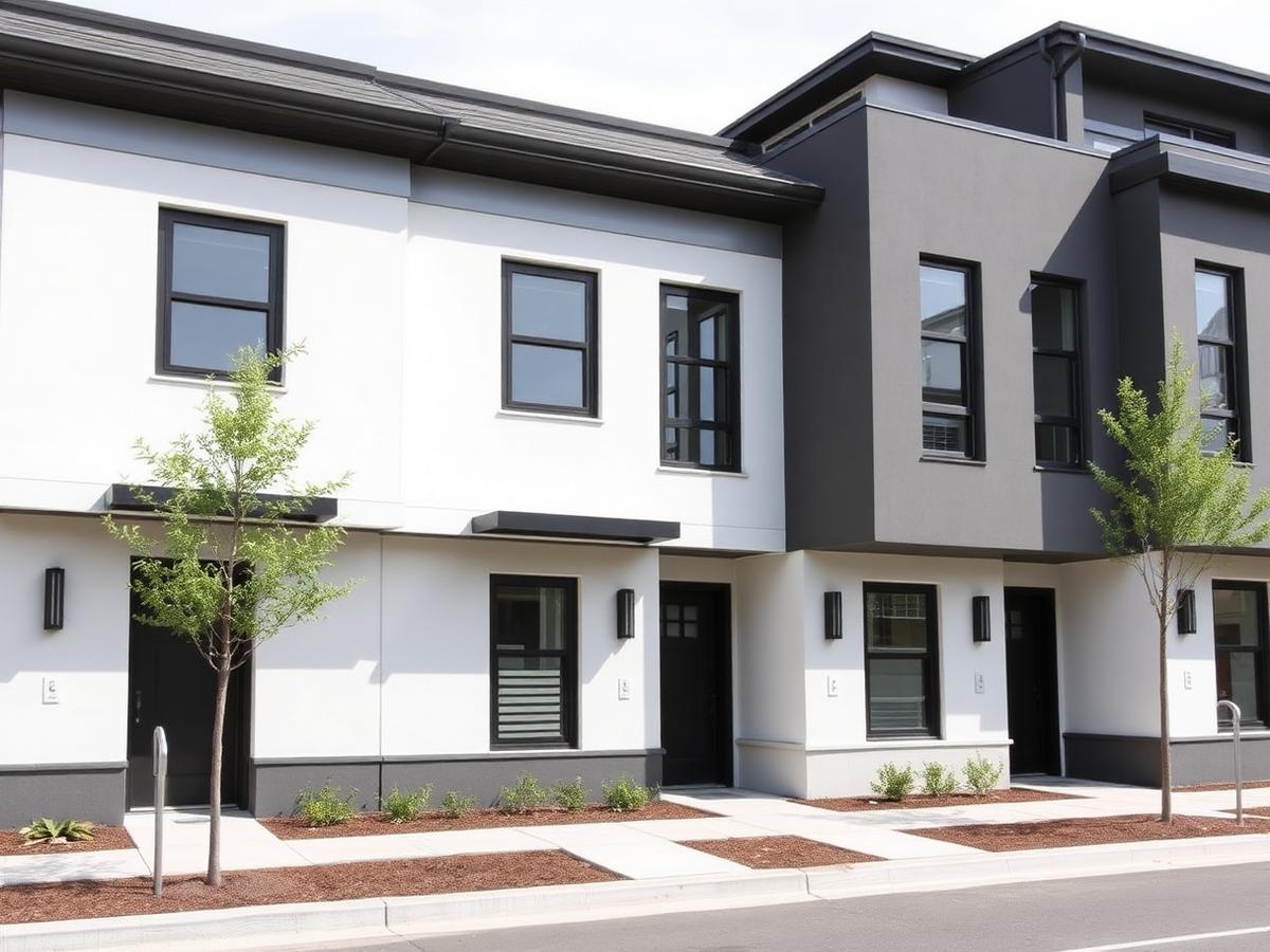 Row of modern townhomes with gray and white stucco facades