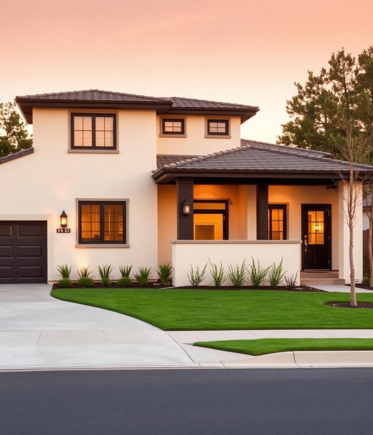 Single-family home with a warm off-white stucco exterior