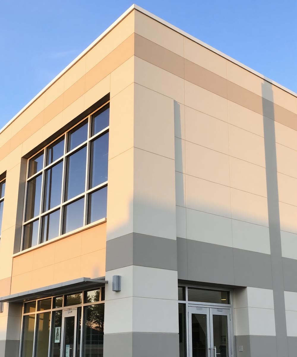 Modern commercial building facade finished with EIFS panels and crisp reveal lines